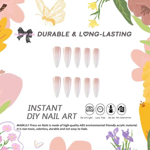 Press on Nails Long Stiletto MABKJLF French Fake Nails White Gradient Full Cover Glue on Nails Glossy False Nails with Nail Glue Stick on Nails Artificial Acrylic Nails for Women Girls 24 Pcs