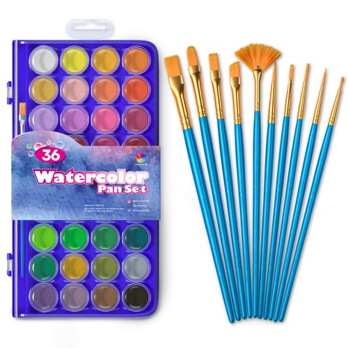 46 Pack Watercolor Paint Set, 36 Colors Watercolor Pan with 10 Brushes Kit, Easy to Blend Colors, Perfect for Kids, Adults and Beginner Artists by Smart Color Art