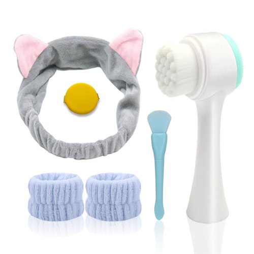 Face Washing Set, Manual Facial Cleansing Brush, 2-in-1 Skin Care face Brush, Silicone Facial Scrubber,Equipped with Headbands, Wrist Band, Facial Mask Brush and Powder Puff（Blue 6pcs）