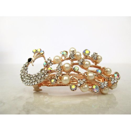 Generic Smaller pearl and crystal peacock hair clip clamp barrette