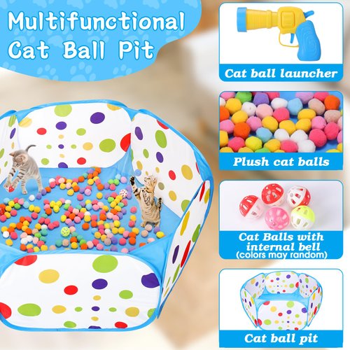 Mity rain Cat Ball Pit with Balls Included, Cat Interactive Toy for Indoor Bored Cats with Cat Ball Launcher, Jingle Balls and Pom Pom Balls, Cat Enrichment Toys, Kitten Toys for Self Playing Blue