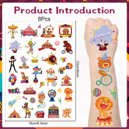 Lovarywow Carnival Circus Temporary Tattoos - 200+ Circus Themed Party Decorations Carnival Tattoos Stickers Circus Party Favors Gifts Funny Clown Tattoos Temporary Kids Party Supplies Rewards Prizes