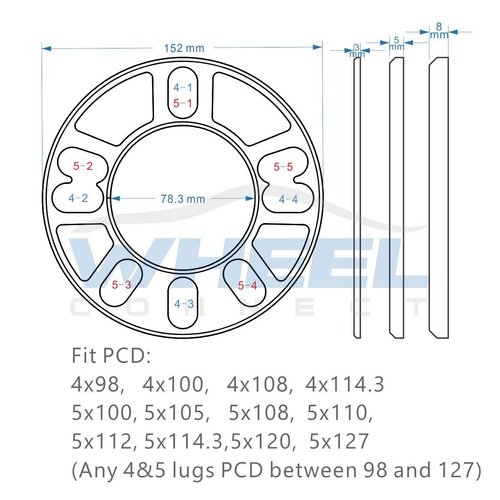 WHEEL CONNECT Universal Wheel Spacer,8mm Thickness(5/16inch),Fit Bolt Pattern 4x98, 4x100, 4x108, 4x114.3, 5x100, 5x105,5x108, 5x110, 5x112, 5x114.3,5x120, 5x127, Cast Aluminum, Pack of 2.