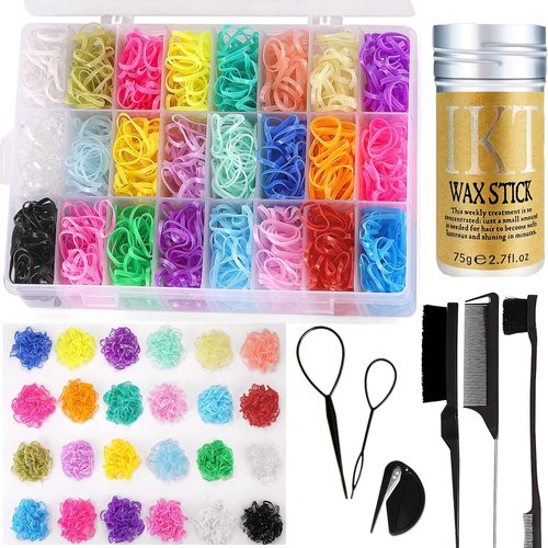 Hair Styling Set: Elastic Bands, Edge Brush, Rat Tail Comb, Hair Wax Stick (24 Colors)