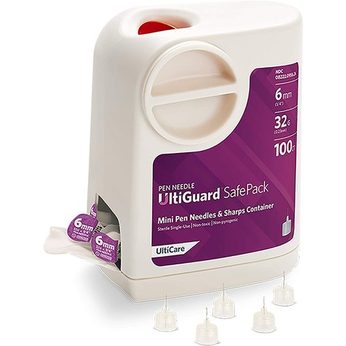 All-in-One UltiGuard Safe Pack Pen Needles and Sharps Container for at-Home Insulin Injections and Safe Needle Disposal, Size: Mini 6mm (1/4”) x 32G, 100 Count