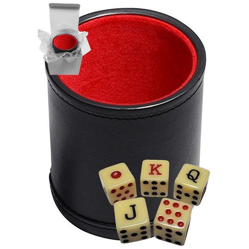 Cyber-Deals Set of Dice Cup Black PU Leather w/Plush Red Felt Lined + Spanish Poker Dice Bone Tone (Gift Boxed)