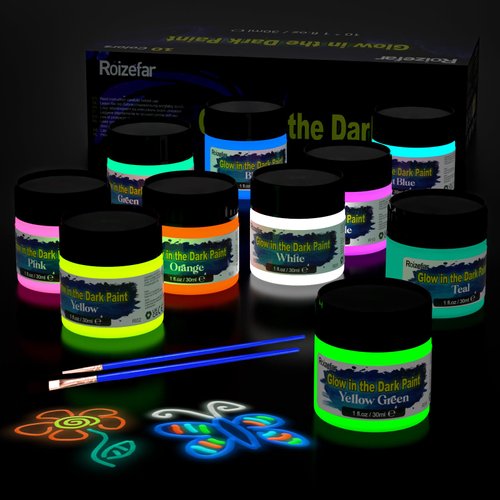 Roizefar Glow in the Dark Paint, 10 Colors Acrylic Textile Fabric Paint (30 ml/1 oz), Neon Craft Painting Fabric Paint for Clothes, T-Shirt, Canvas, Ideal for Art Supplies and DIY Decoration