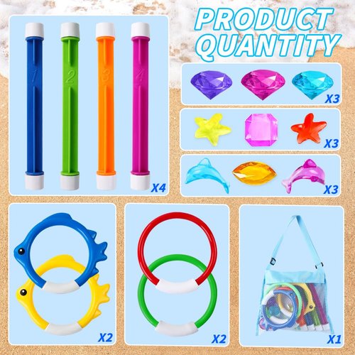 YUJUN 18PCS Pool Diving Swimming Toys, Summer Underwater Game Toys with Pool Fishes Dive Sticks Rings Gems Storage Bag for Kids Swim Birthday Party Favors