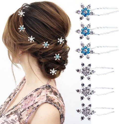 6 Pcs Snowflake Hair Clips Rhinestone Crystals for Women Silver Blue 67mm U-Shape Bobby Pins Bridal Wedding Christmas Hair Accessories