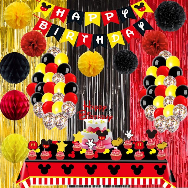 Mickey Party Decorations for Baby Boys Birthday, Mickey Birthday Party Supplies With Mickey Theme Tinsel Foil Fringe Curtains, Balloons, Banner, Tablecloth, Cake Topper, Paper Flower Balls