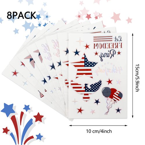 Whaline Independence day Temporary Tattoos 4th of July USA Theme Waterproof Tattoo Sticker American Flag Freedom Tattoo Decal Body Art Sticker for Patriotic Memorial Day Favors Face Arm Decor, 8 Sheet