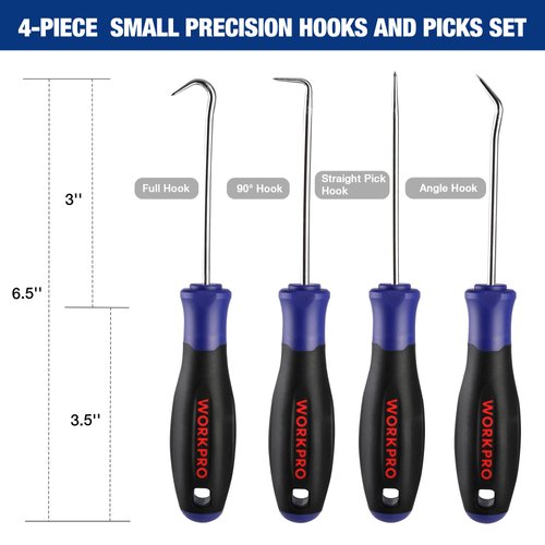 WORKPRO Precision Pick and Hook Set, 4 Piece Pick Tool Set Includes Angled, Straight, and Full Hooks and Picks for Mechanic, Pick Mini Hooks Puller Remover Hand Tools with Storage Bag