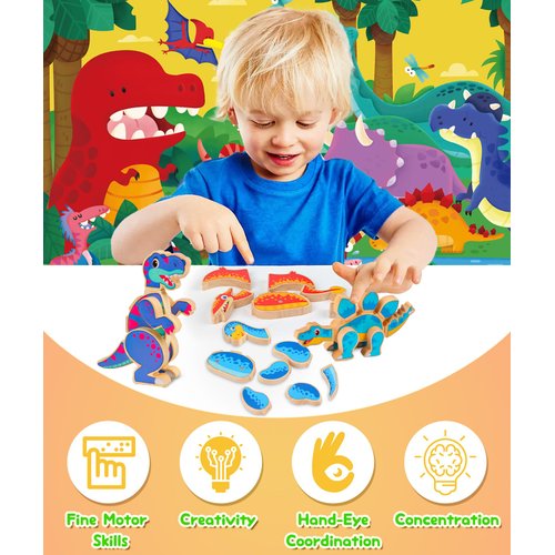 Protado Dinosaur Building Blocks Set, Wooden Dino Blocks, Magnetic Dinosaur Builders, STEM Take Apart Dinosaurs Playset, Montessori Fine Motor Skills Educational Learning Toy Gift for 3 4 5 Years Kids