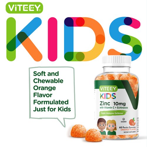 Zinc for Kids Gummies 10mg, with Vitamin C & Echinacea for Kids - Immune Support, Powerful Natural Antioxidant, Kids Zinc Vitamin Supplement - Vegan, Gelatin Free - Tasty Chewable Orange Flavor Gummy
