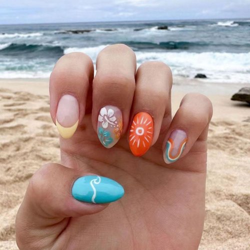 Summer Press on Nails Almond Fake Nails Colorful Glue on Nails with Design Glossy Acrylic Nails Full Cover Glossy Stick on Nails Artificial Nails for Women Girls (Summer ocean)