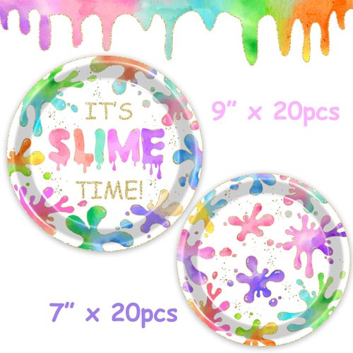 80pcs Slime Birthday Party Supplies Decorations, Colorful It's Slime Time Paper Plates Napkins Forks Tableware Kit for Boys Girls Glitter Colorful Slime Splatter Theme Birthday Party Favor