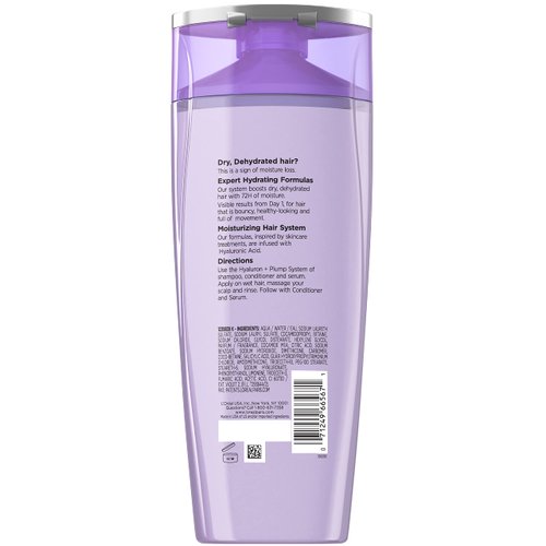 L'Oreal Paris Elvive Hyaluron Plump Hydrating Shampoo for Dehydrated, Dry Hair Infused with Hyaluronic Acid Care Complex, Paraben-Free, 12.6 Fl Oz