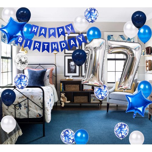17th Birthday Party Decorations Blue for Boys, Happy Birthday Banner Blue Number 17 Birthday Star Foil Balloons Latex Confetti Balloons for Boys Him Son17 Year Old Birthday Supplies(17th)