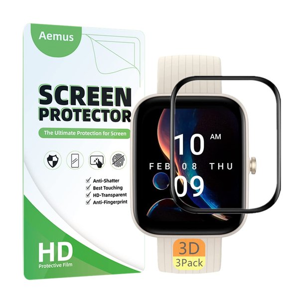 Aemus Compatible for Amazfit Bip 3 Screen Protector (3 Pack) Bip 3 Pro Smart Watch 3D Full Coverage Protective Film anti-scratch