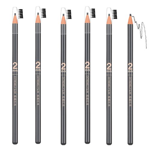 6pcs 2mm Ultra-Thin Eyebrow Pencil with Brush Waterproof Long-Lasting Slim Eyebrow Pencil Peel off Microblading Mapping Pencils (#05 Grey)