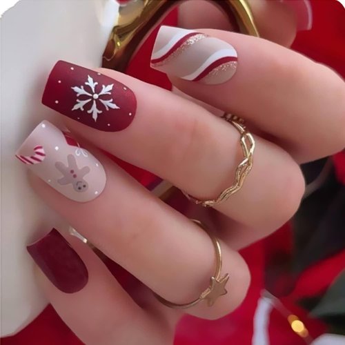 Square Christmas Press on Nails Medium length Acrylic Fake Nails with Nail Glue Matte Artificial False Nails Snowflake Sled Stripe Design Stick on Nails for Women Girls Manicure Decorations 24Pcs（Red）