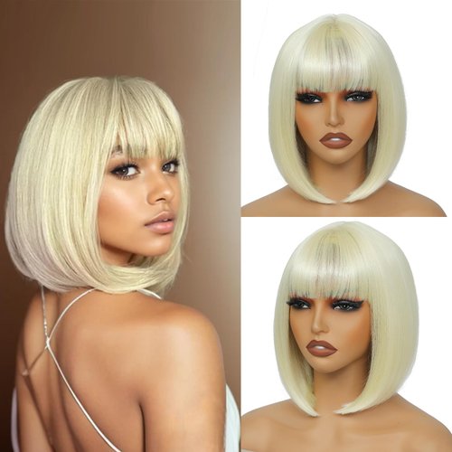 GUOJIAN 12 Inch Short Bob Wigs with Bangs Straight Bob Wigs for Women Synthetic Bob Wigs Natural Looking for Daily Party Cosplay (Blonde, 12inch)