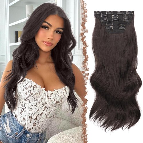 FESHFEN Clip in Hair Extensions, 5 PCS Long Wavy Hair Extension ins Dark Brown Hairpieces Synthet...