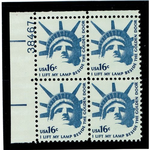 USA 1978 16-cent Statue of Liberty Plate Block of 4 Postage Stamps, Catalog No 1599