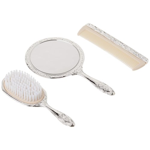 3 pc Silver Chrome Girls Vanity Set Comb Brush Mirror.