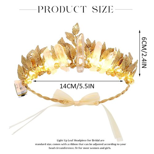 Yean Gold Leaf Wedding Headband LED Raw Quartz Hair Band Fairy Headpiece Ligth Up Hair Accessories for Women and Girls