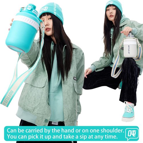 GLUG GLUG Insulated Stainless Steel Water Bottle for Sports and Travel, BPA-Free,Bottled joy with strap (grey, 32 oz)