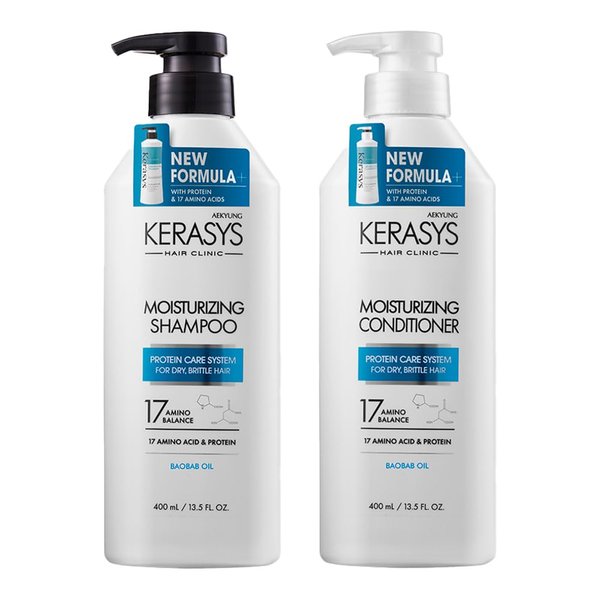 Kerasys Hair Clinic Protein Care System for Dry Brittle Hair Baobab Oil Moisturizing 13.5 fl oz / 400 ml (Shampoo + Conditioner Set)
