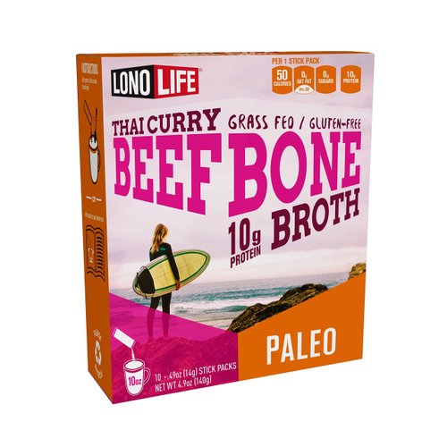 LonoLife Thai Curry Beef Bone Broth Sticks: 10g Protein, Keto-Friendly, 10 Portable Servings
