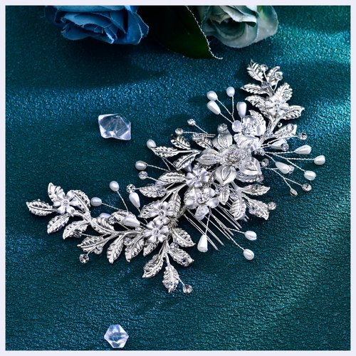 JHOO Crystal Leaf Bride Wedding Hair Comb Alloy Flower Hair Accessories Handmade Imitation Pearl Hair Accessories Suitable for Women's Party Hair Accessories HP683 (Sliver)