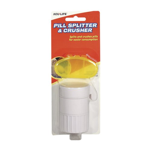Acu-Life Pill Splitter and Crusher, Daily Usage, Safely Crushes Pills, Vitamins, Tablets, Accurate and Easy Consumption, Includes Storage Container, Travel Sized, White and Yellow, BPA Free