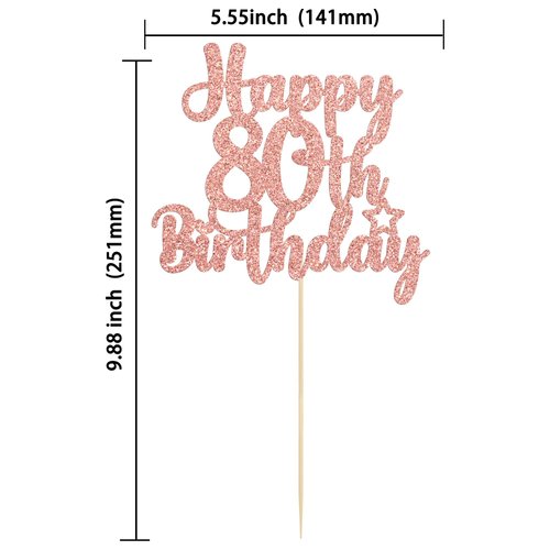 Gyufise 1Pc Happy 80th Birthday Cake Topper Glitter Cheers to 80 Years Old Birthday Cake Pick for Happy 80th Birthday Anniversary Party Cake Decorations Supplies Rose Gold