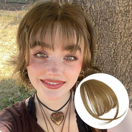 Clip in Bangs- Fake Bangs100% Human Hair Bangs Clip in Hair Extensions Wispy Bangs Clip On Air Bangs for Women Fringe With Temples Hairpieces Curved Bangs For Daily Wear (Light Brown, Wispy Bangs)