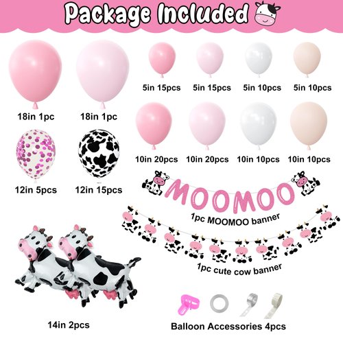 Pink Cow Balloons Garland Arch Kit, 140Pcs Pastel Pink Confetti Cow Print Balloons MOOMOO Banners Foil Cow for Western Cowboy Cowgirl Farm Animal Themed Baby Shower Birthday Party Decorations Supplies