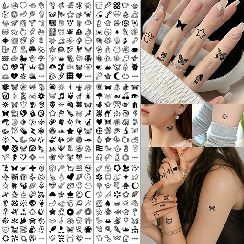 Casciybo Small Temporary Tattoos for Women Girls, 450 PCS Cartoon Heart Tiny Finger Hands Fake Tattoo Stickers Cute Black Bohemia Vintage Tatoos Birthday Party Favor Supplies Gift for Kids Teen