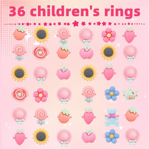 BXDOW 36Pcs Little Girl Jewel Rings, Adjustable Pink Rings Girls Kids Pretend Play and Dress up Jewelry Set, Cute Rings with Heart Shape Display Case Party Favors Toys Gifts for Halloween, Christmas
