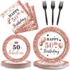 96 Pcs 50 and Fabulous Birthday Party Plates Napkins Tableware Set Rose Gold 50th Birthday Supplies Disposable Dinnerware Fifty Birthday Decoration Favors for Women, 24 Guests