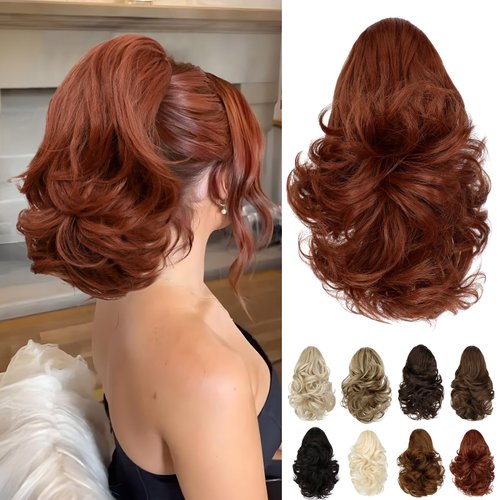 Cephermer Ponytail Extension 10" Claw Clip Short Wavy Pony Tails Copper Red Natural Looking Synthetic Hairpiece for Women