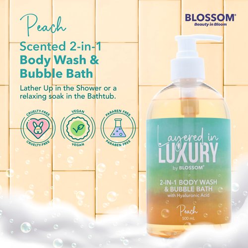 Blossom Layered In Luxury 2-in-1 Scented Body Wash & Bubble Bath with Hyaluronic Acid, Liquid Bath Gel Body Cleanser with Pump for Dry, Sensitive Skin, Men, Women + Kids, Cruelty Free, 500ml, Peach