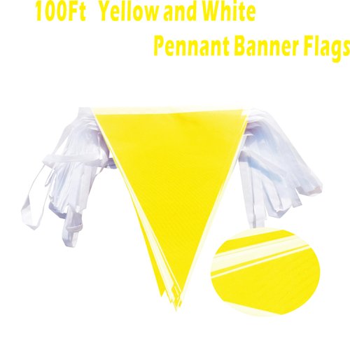 LUSEOAN 100Ft Yellow and White Pennant Banner Flags String Fabric Triangle Bunting Flag,Party Decorations for Wedding,Kids Birthday,Home Outdoor Garden Hanging Festivals Decoration,60 Pcs