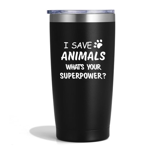 Qtencas Vet Tech Gifts, I Save Animals Whats Your Superpower-Stainless Steel Insulated Travel Tumbler, Christmas Gifts for Veterinarian Veterinary Technician Assistant Doctor Graduation, 20oz Black