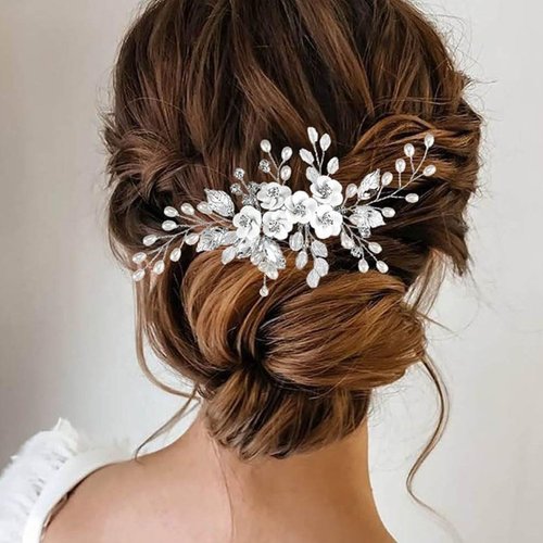 CASOLVX Bride Hair Comb Hair Clips Flower Leaf Headpiece Pearl Wedding Hair Accessories for Brides Bridesmaids Women