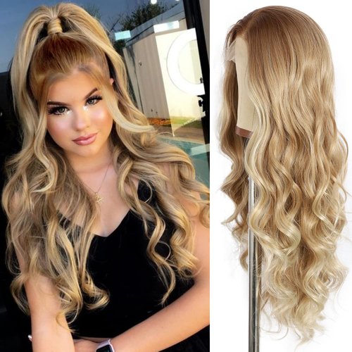 SAPPHIREWIGS Long Curly Wavy Lace Front Wig for Women Pre-plucked Ombre Honey Blonde Wig Long Heat Resistant Hair Synthetic Wigs for Daily Party Wig 24 Inches