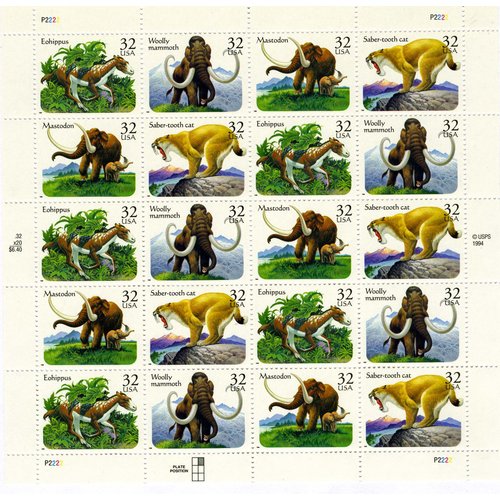 United States Postal Service Prehistoric Animals Sheet of Twenty X 32 Cent Postage Stamps Scott 3080a