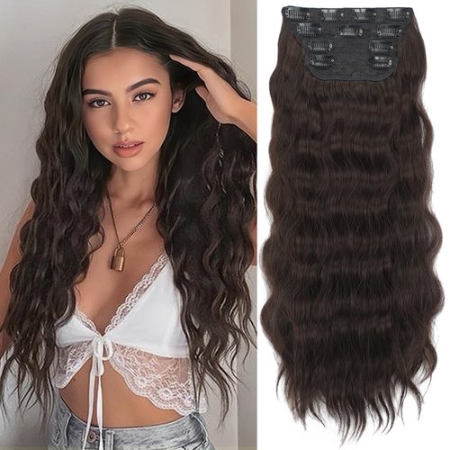 KooKaStyle Hair Extensions, 4PCS Clip in Long Beach Wavy Hair Extensions Thick Natural Hairpieces Double Weft for Women Full Head (20 Inch, Chocolate Brown)