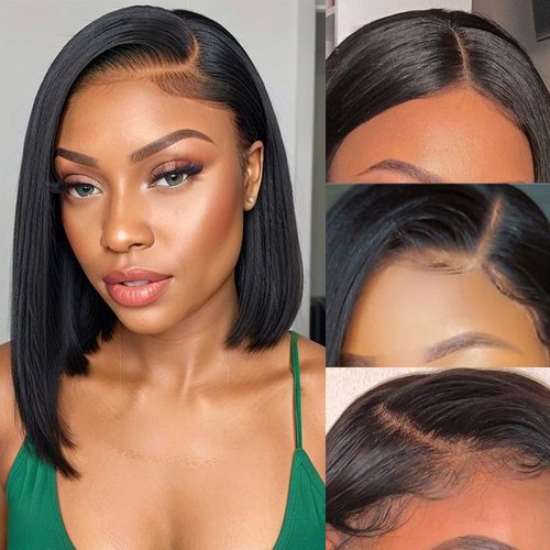Boyusijf Bob Wig Human Hair 13x4 Lace Front Short Bob Wigs Human Hair Free Part Pre Plucked Frontal Bob Wig, HD Transparent Lace Short Human Hair Wigs for Women 180% Density 10 Inches